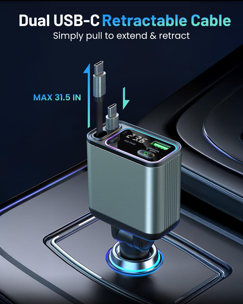 [2 Pack] 4 in 1 Retractable Car Charger with RGB Light, 92W Fast Charging Dual USB C Car Adapter, Compact Car Phone Charger for iPhone/Galaxy/Pixel, Road Trip Essentials (Dual Type C Cable) Dual Type C Cable Dark Green-2Pack