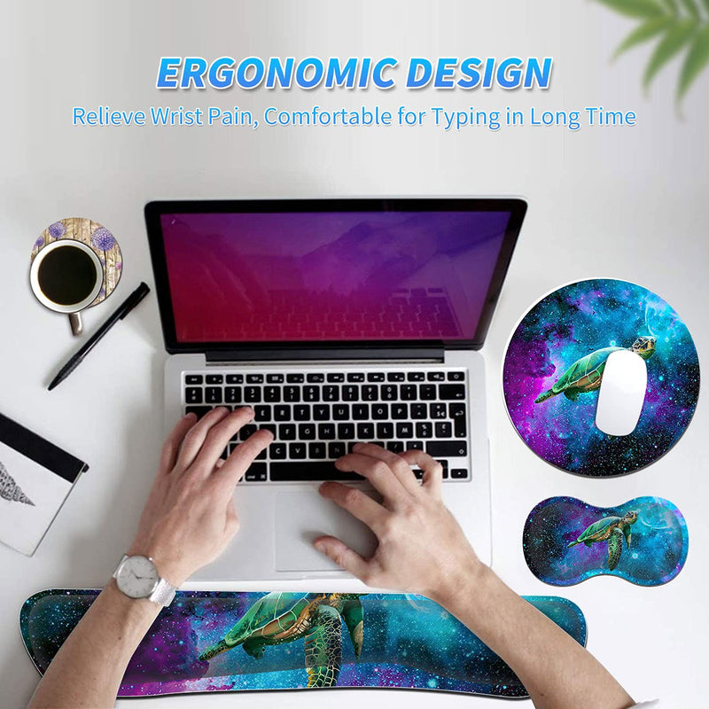 Keyboard Wrist Rest & Mouse Pad & Mouse Wrist Rest Support & Coaster, Non Slip Rubber Base Wrist Support with Ergonomic Raised Memory Foam for Computer Laptop Home Office, Turtle Galaxy