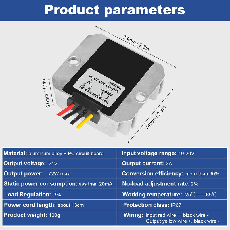 Uadme DC-DC Voltage Converter 12V to 24V 3A Waterproof Boost Converter for Golf Carts, Electric Vehicles & DIY Projects