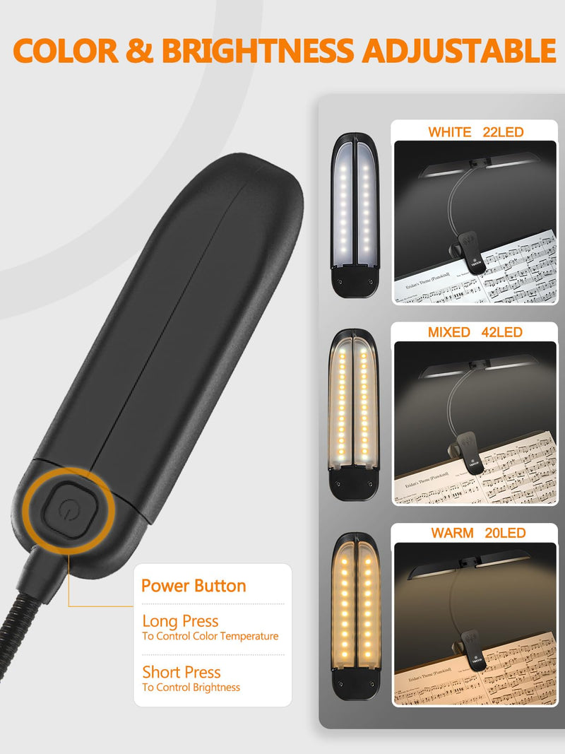 [AUSTRALIA] - Vekkia Folding Music Stand Light, Portable 42 Led Rechargeable Super Bright Clip On Piano Lamp, Professional 5 Brightness×3 Color Temperature, Perfect for Grand Piano, Book Reading. Black 