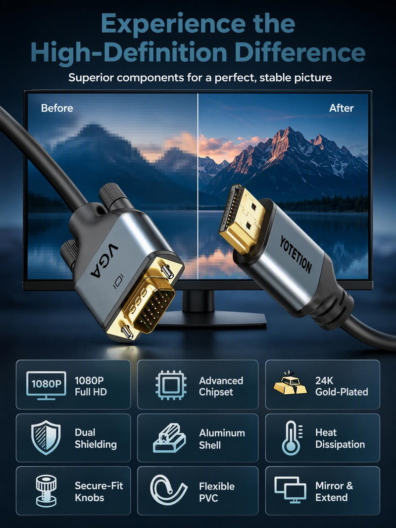 HDMI to VGA 80Ft Cable with IC, Gold-Plated HDMI to VGA Compatible for Computer, Desktop, Laptop, PC, Monitor, Projector,HDTV, Raspberry Pi, Roku, Xbox and More, Green-Gray Aluminum Shell