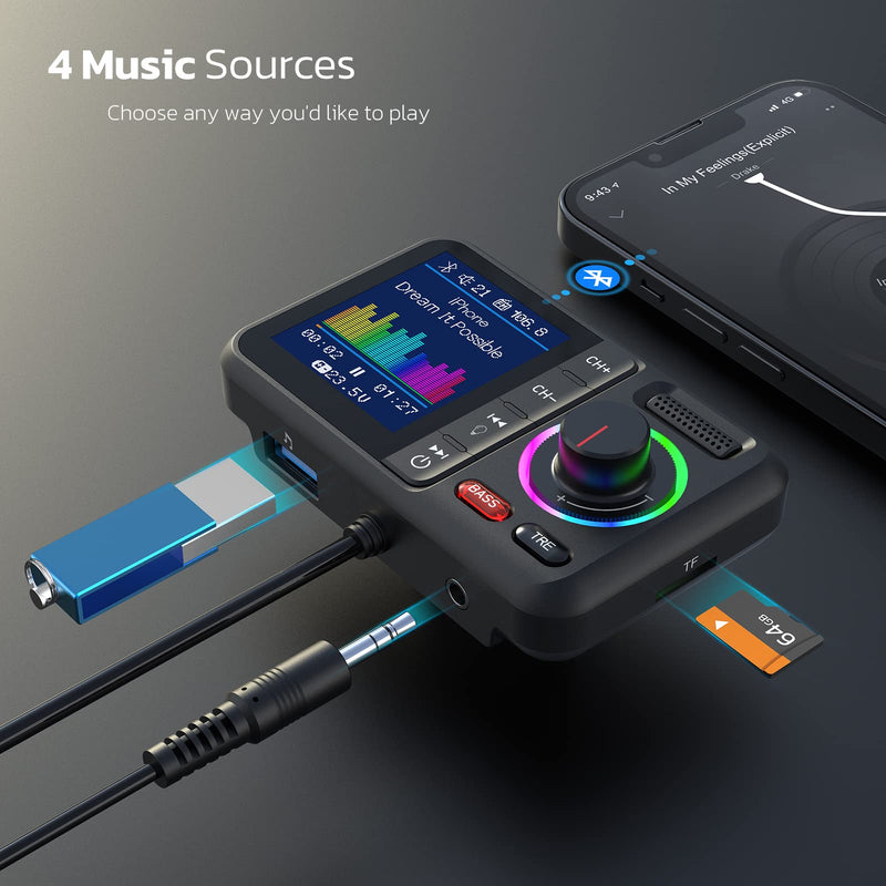 [AUSTRALIA] - Nulaxy Bluetooth FM Transmitter for Car, Wireless Car Bluetooth Adapter V5.0 with Big Color Screen, Support QC3.0 Fast Charging, Hands-Free Call, MP3 Music Player BASS&TRE Booster, TF Card/AUX-KM28 Black 