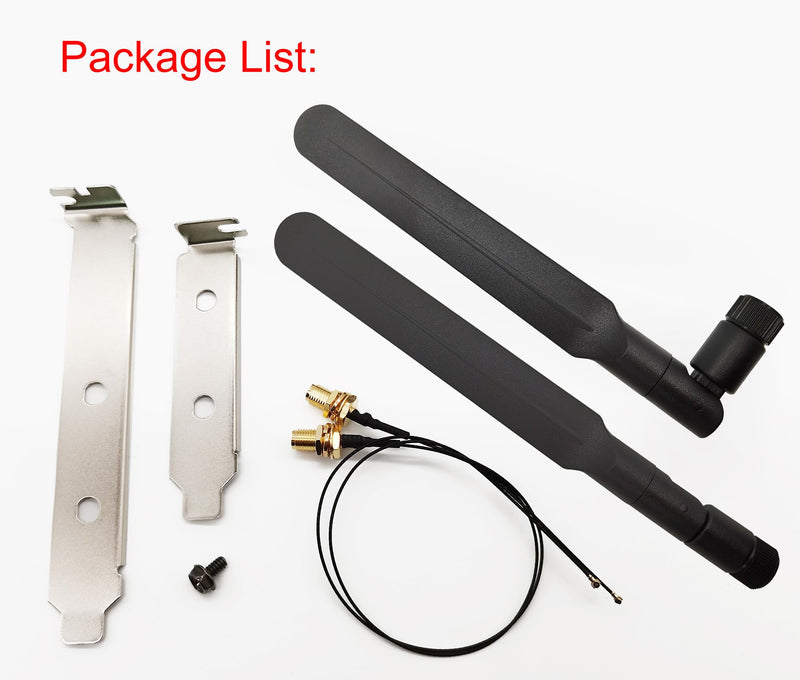 WiFi Antenna Tri-Band 5dBi RP-SMA Male + MHF4 Cable Kit for M.2 NGFF Card | 2.4Ghz 5Ghz 6GHz M2 WiFi antenna kit. Includes antennas, U.FL MHF4 extension cables, and computer back slot cover brackets