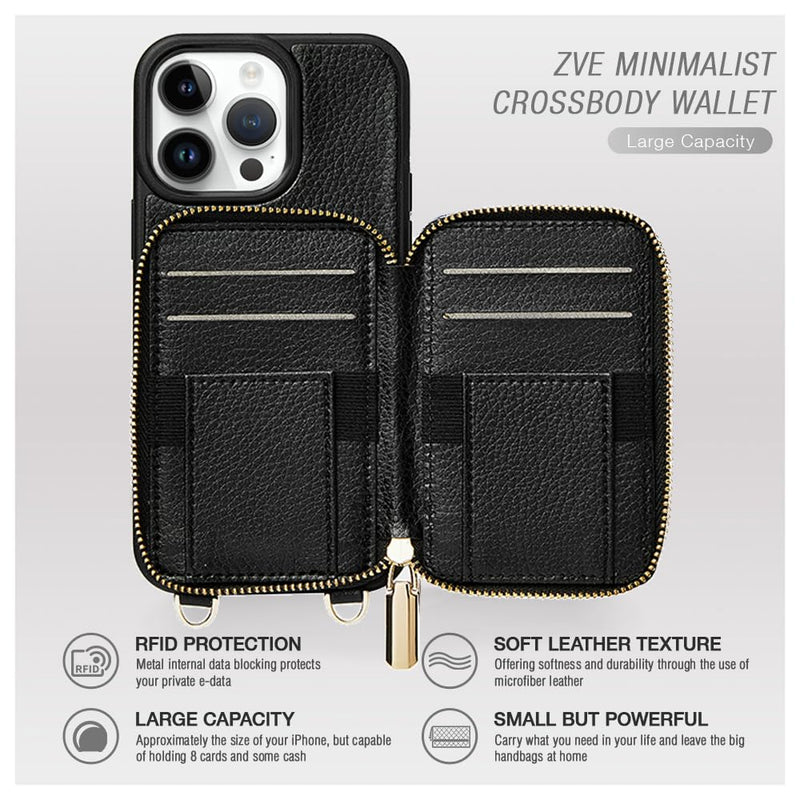 ZVE iPhone 13 Pro Max Crossbody Wallet Case, Card Holder Phone Case for Women, Zipper Leather Purse with Wrist Strap, RFID Blocking Cover Gift for iPhone 13 Pro Max (6.7 inch, 2021)- Black iPhone 13 Pro Max, 6.7"