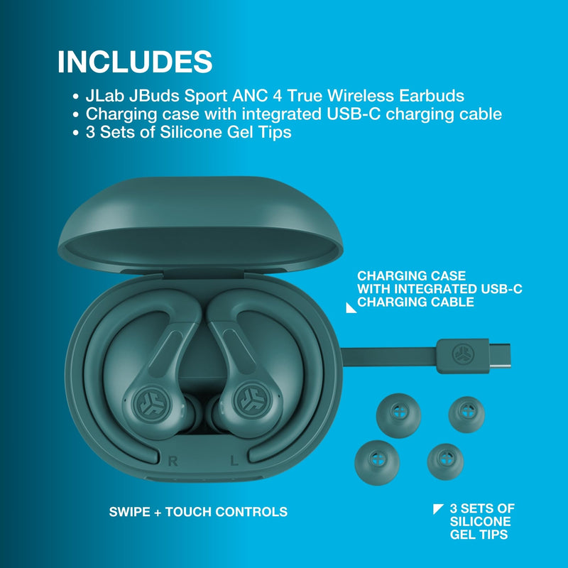 JLab, JBuds Sport ANC 4, True Wireless Earbuds, Active Noise Cancelling, Bluetooth, Multipoint Connect, Teal