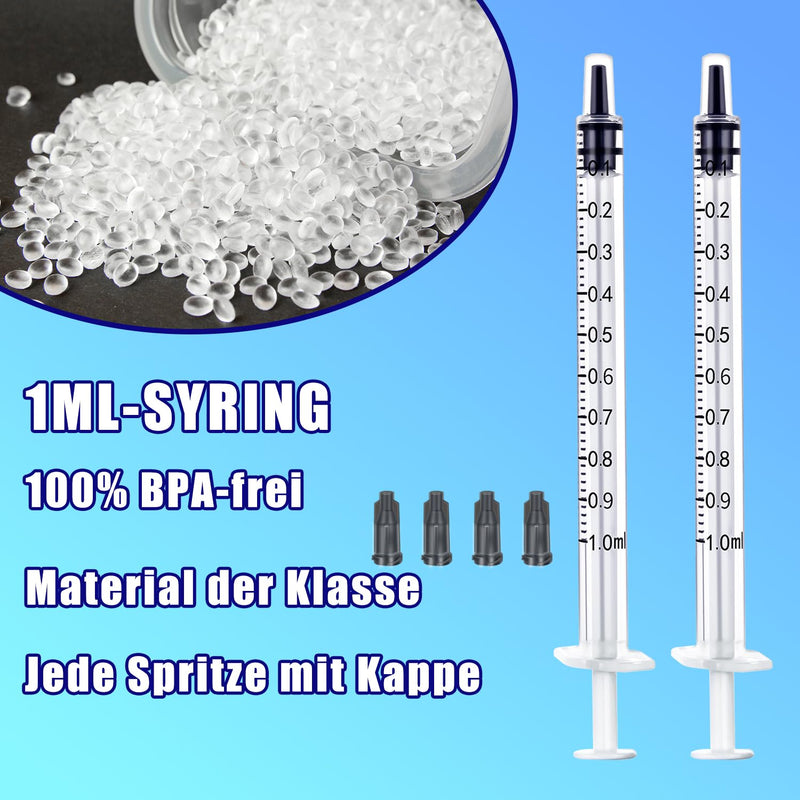 Pack of 100 1 ml plastic syringes with caps, 1 ml syringe for refilling and measuring liquids, scientific laboratories, pet feeding Pack of 100 - 1 ml