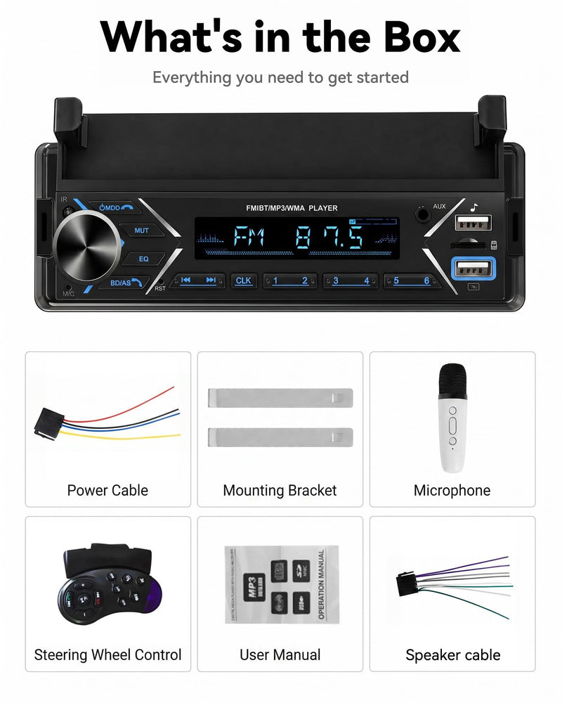 Single DIN Car Stereo Bluetooth Car Radio with FM/MP3/AUX Dual USB SWC Colorful Lights Phone Holder & Wireless MIC P2