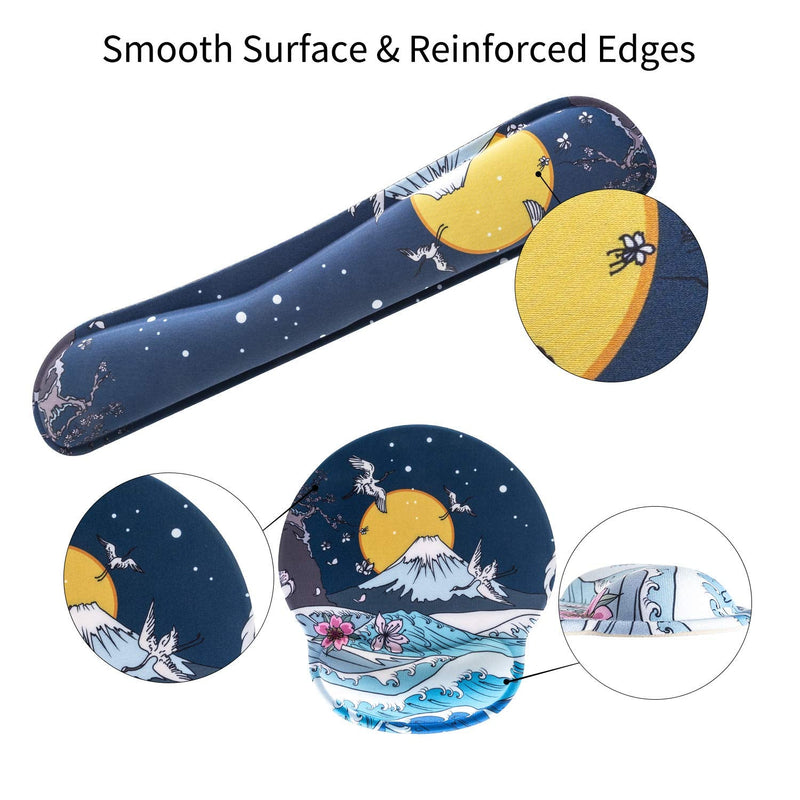 AORTDES Memory Foam Ergonomic Keyboard Mouse Pad Wrist Support Set - Non Slip Mousepad Wrist Rest for Computer/Gaming/Office - Comfortable for Easy Typing & Pain Relief(Fujiyama & Moon & White Crane) Kwrp-01a