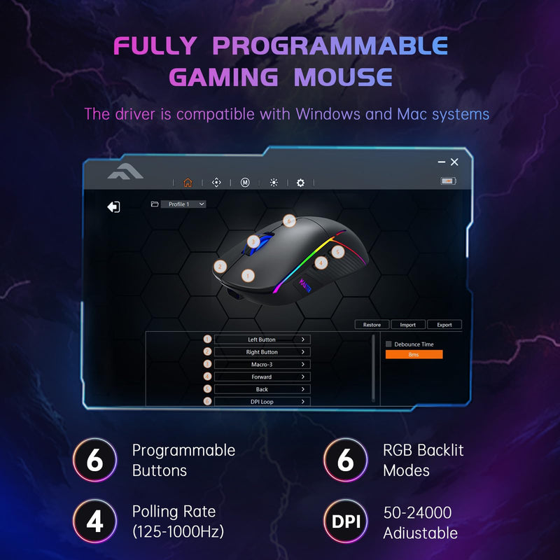 FFJ Wireless Gaming Mouse, 24000 DPI, Tri-Mode 2.4G/USB-C/Bluetooth 5.3 Gaming Mouse Wireless, RGB Programmable Mouse Gamer, 75Hrs Battery Life, Rechargeable Gaming Mice for PC, Mac, PS5, Xbox-Black Black