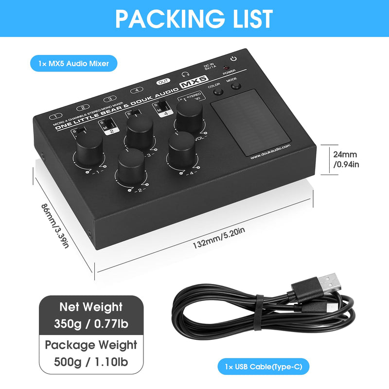 Douk Audio MX5 4 Channel Audio Mixer 4-CH Line-Mixing Mono Stereo Ultra Low-Noise LED Level Meter