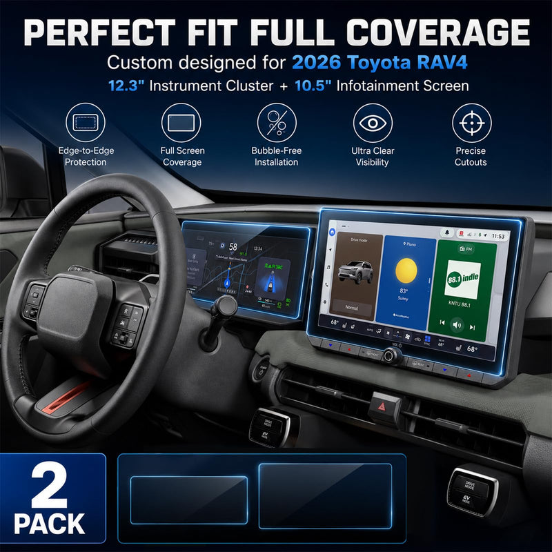 2PCS Screen Protector for 2026 Toyota RAV4 10.5/12.3-Inch | Fit for LE/SE/XLE Premium/Woodland, HD Tempered Glass, Smooth Touch Response, Interior Accessories 10.5'' navigation+12.3'' dashboard