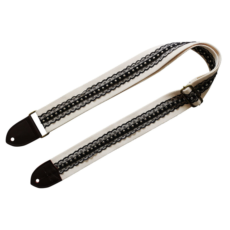 MUSIC FIRST Original Design, 2 inch width (5cm), Black Cool & Vintage Style Black Lace with Metal Rivets Soft Lace & Genuine Leather Delux Electric Guitar Strap Bass Strap