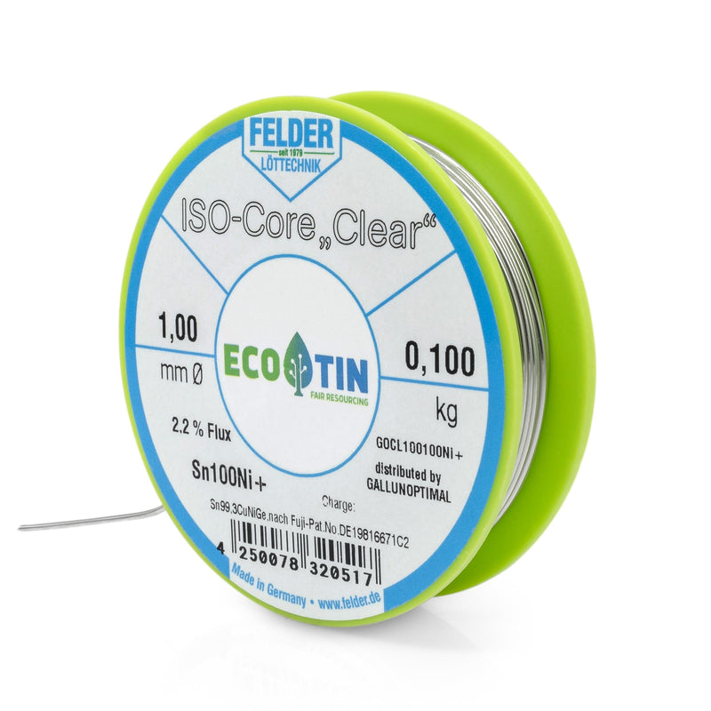 GALLUNOPTIMAL Solder Tin ISO Core Soldering Wire Clear Sn100Ni+ Sn99.3CuNiGe 1 mm on 100 g Spool Made by Felder GmbH in Germany