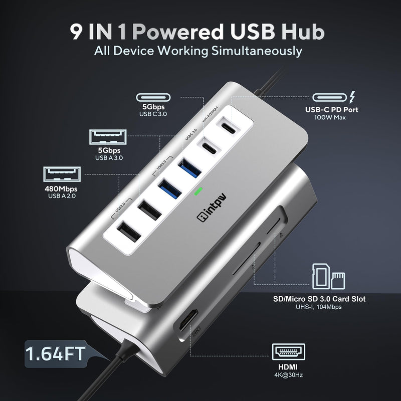 USB C Hub, INTPW 9-in-1 USB C Hub Multiport Adapter with 4K HDMI, PD 100W, USB-C and 2 USB A 3.0 5Gbps, 2 USB A 2.0, SD/TF Card Reader, Aluminum USB C to USB Hub for MacBook Air/Pro iPad Laptop 1.64ft