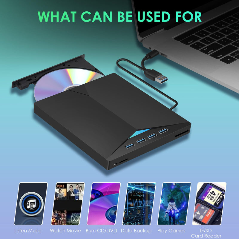 External CD/DVD Drive for Laptop, Type-C CD/DVD Player USB 3.0 Portable Burner Writer Reader Compatible with Mac MacBook Pro/Air iMac Desktop Windows 7/8/10/XP/Vista (Black2) Black2