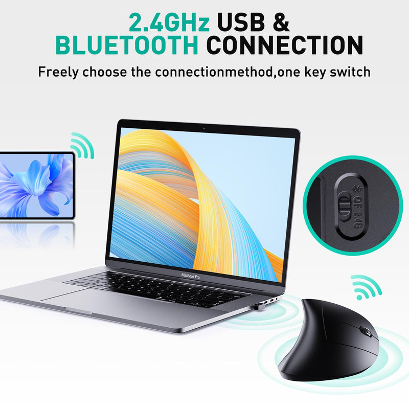 Bluetooth and 2.4G (2-in-1) Rechargeable Wireless Mouse, Ergonomic Vertical Design, 1000/1200/1600 DPI, 6 Silent Buttons, for Laptop, Computer, PC, MacBook, Chromebook-Black