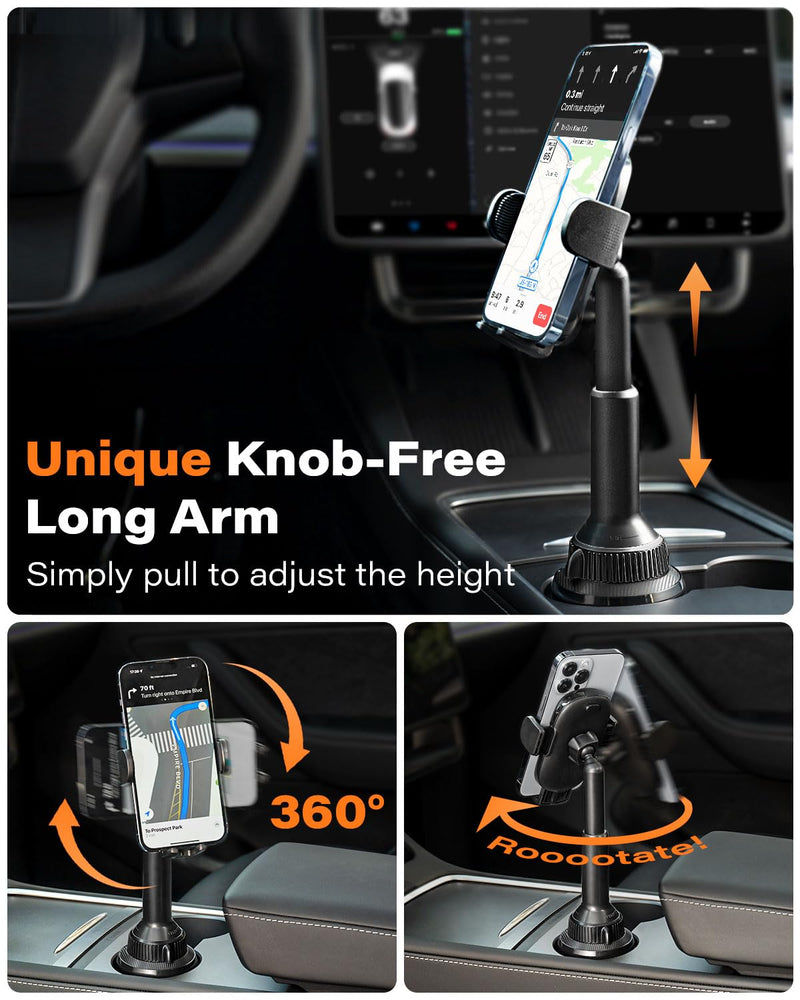 APPS2Car Universal Car Cup Phone Holder | Quick Extension Long Arm | 360° Swivel | Adjustable for iPhone, Samsung, Google, and All Smartphones | Stable & No Shake Design Black