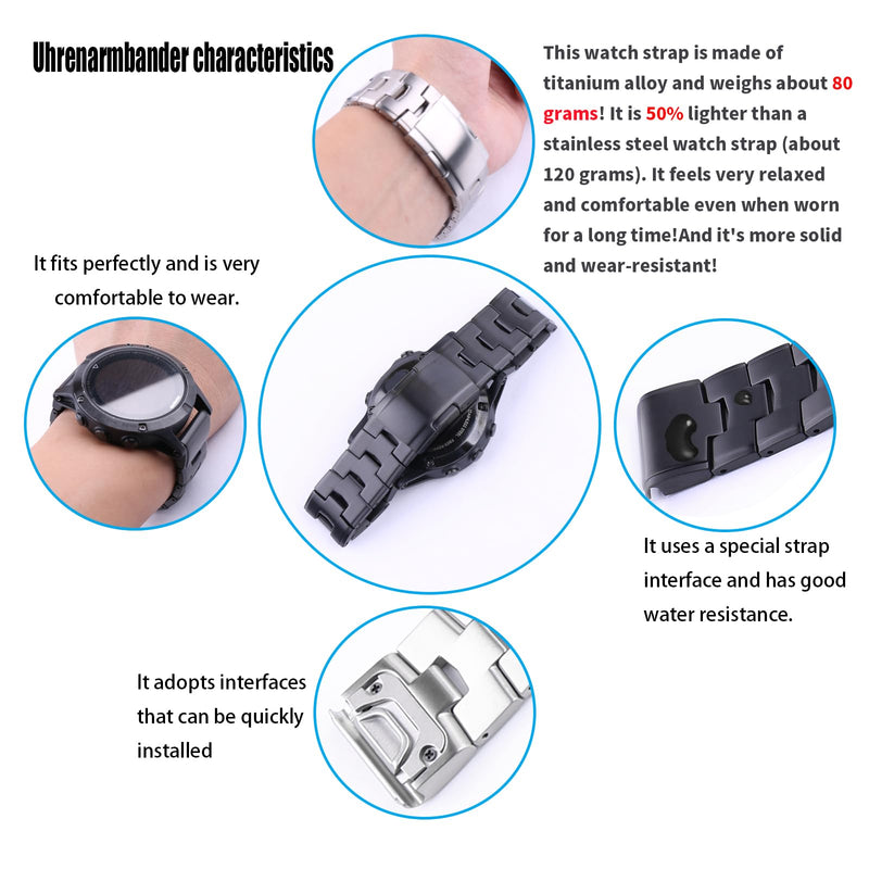 XIW Compatible for 26mm Garmin Fenix 8 51mm Enduro 3 51mm 6X Pro 7X Pro 5X Plus Titanium Metal Quick Release Watch Band Replacement for men Wirstband Strap women Bracelet Black