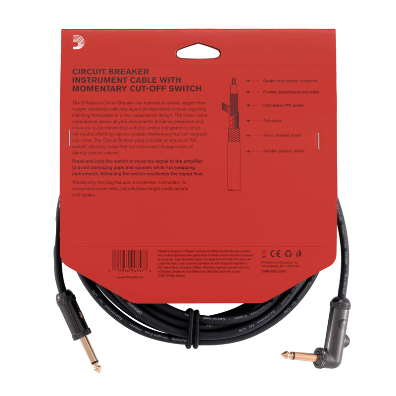 D’Addario Cable, Black, 20 feet (PW-AGRA-20) Right Angle