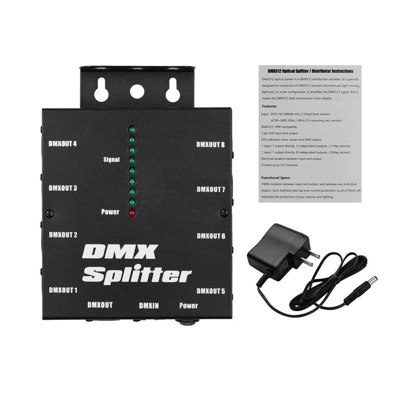 DMX512 Optical Signal Amplifier Spliter Distributor 1 Direct Input & Output 8 Independent Outputs for Light Controller Stage Console Party DJ Club Disco KTV Light with Power Adapter,Signal Split