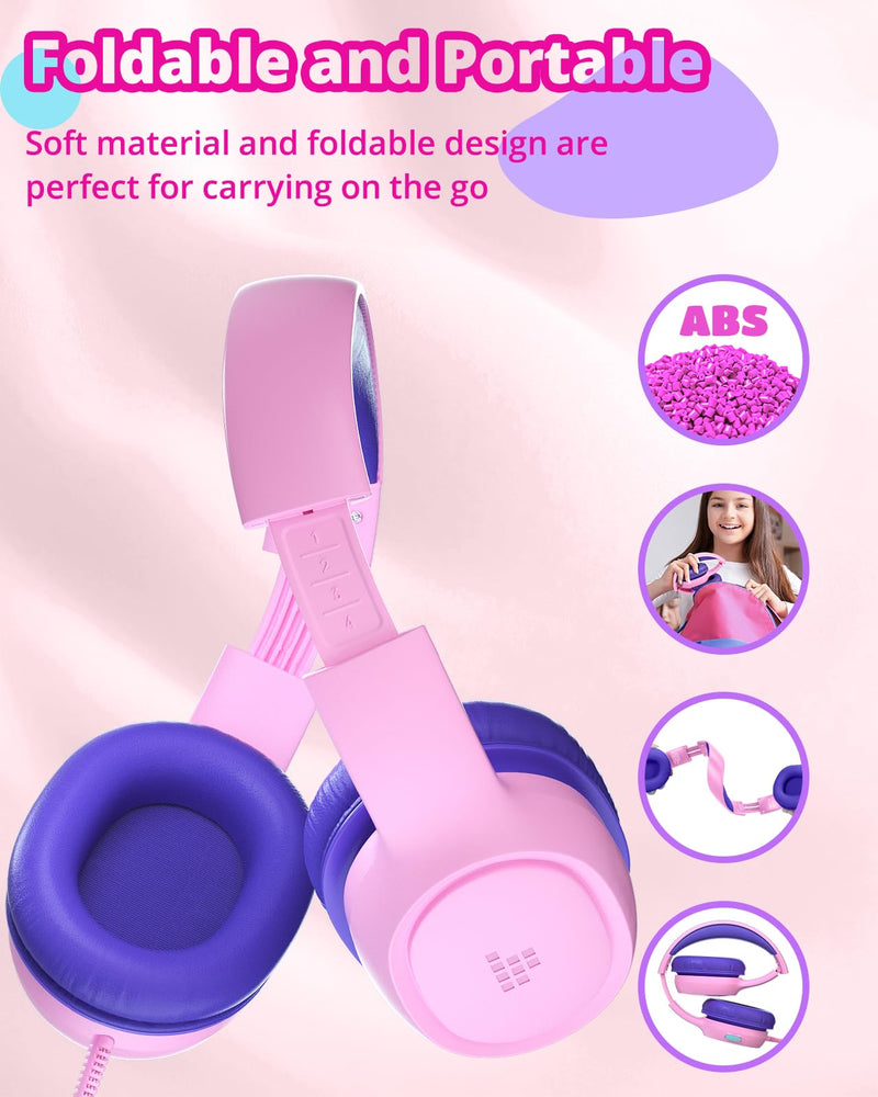 Tronsmart Kids Headphones KH01 Foldable Safety Volume 85/93dB Over-Ear Girls Boys Headphones for Kid HD Stereo 3.5mm Jack Wired Kids Headphones for Boys/Girls/School/Kindle/Travel/Tablets (Pink) Pink