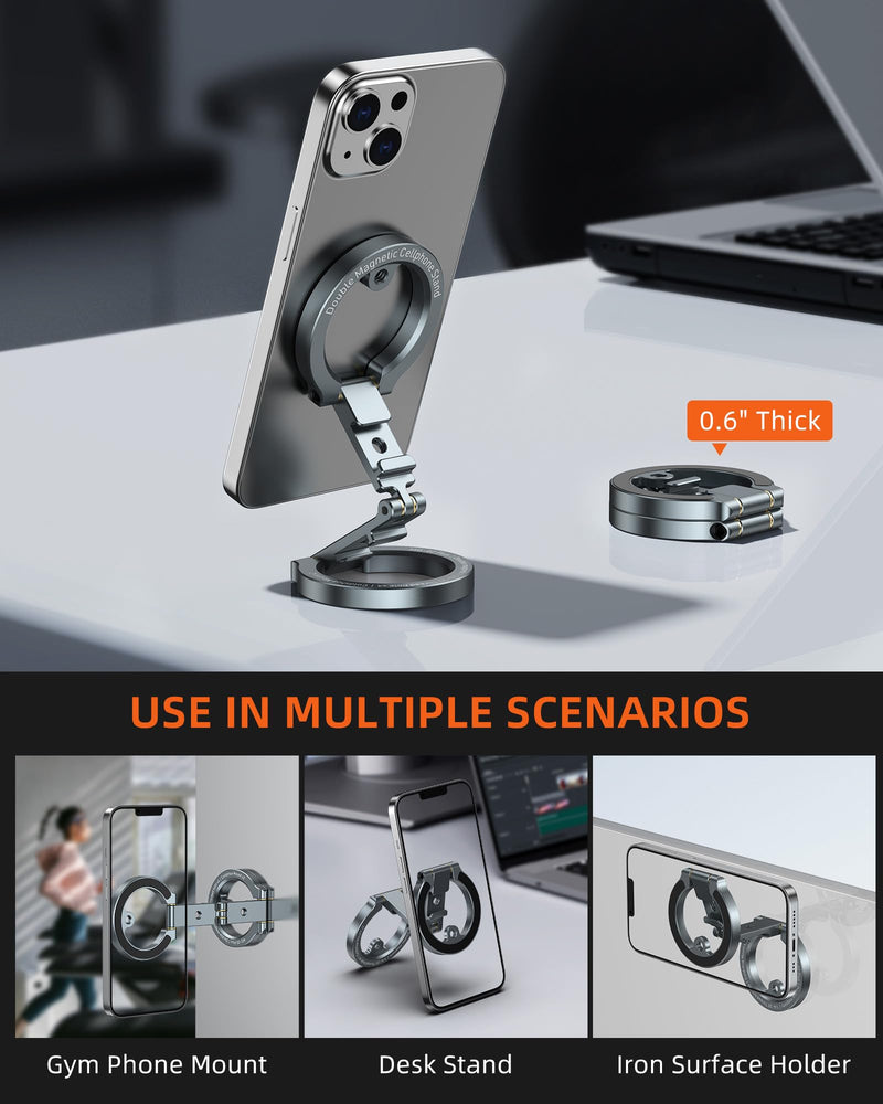 Dual Magnetic Phone Holder Compatiable with iPhone 16 15 14 13 12 Pro Max Plus Series & MagSafe Cases, MG-02 Plus 1/4"-20 Phone Tripod Mount, Gym Magnetic Phone Stand Travel