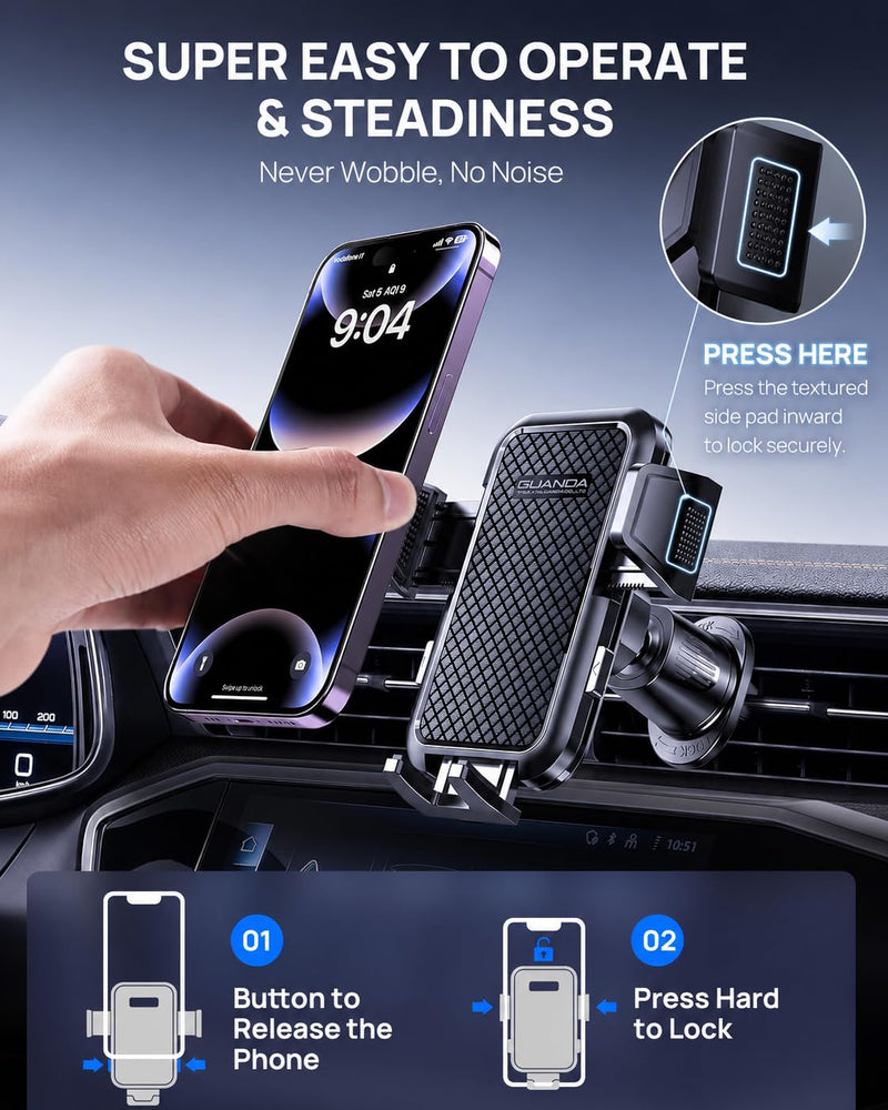 Air Vent Car Phone Holder, Adjustable Wide Clamp, Metal Hook, Anti-Shake | Universal phone cradle with one-hand release, 360° rotation and heat-resistant grip; holds heavy smartphones with cases. AC-Gold