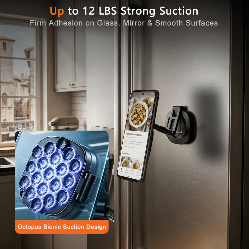 3-in-1 Magnetic Suction Cup Phone Mount, Tri-Axis 360° Adjustable | 12LBS Ultra-Strong Suction Phone Holder, Foldable Pocket-Size Stand for Gym Equipment, Shower Glass, Fridge, Car Windshield