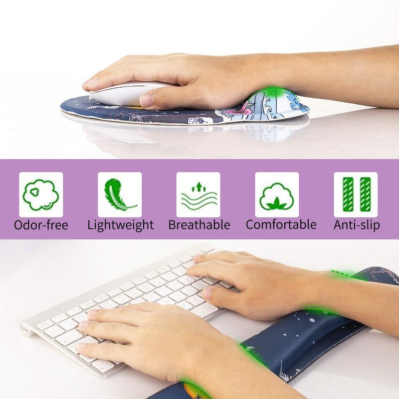 AORTDES Memory Foam Ergonomic Keyboard Mouse Pad Wrist Support Set - Non Slip Mousepad Wrist Rest for Computer/Gaming/Office - Comfortable for Easy Typing & Pain Relief(Fujiyama & Moon & White Crane) Kwrp-01a