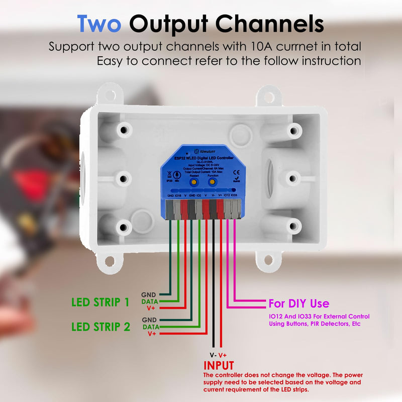 Compact WLED Controller with Mic, ESP32 DC 5V-24V Addressable LED Controller Digital RGB IC (WS2811 WS2812B SK6812 WS2815) WLED Open Source Firmware Pre-Installed