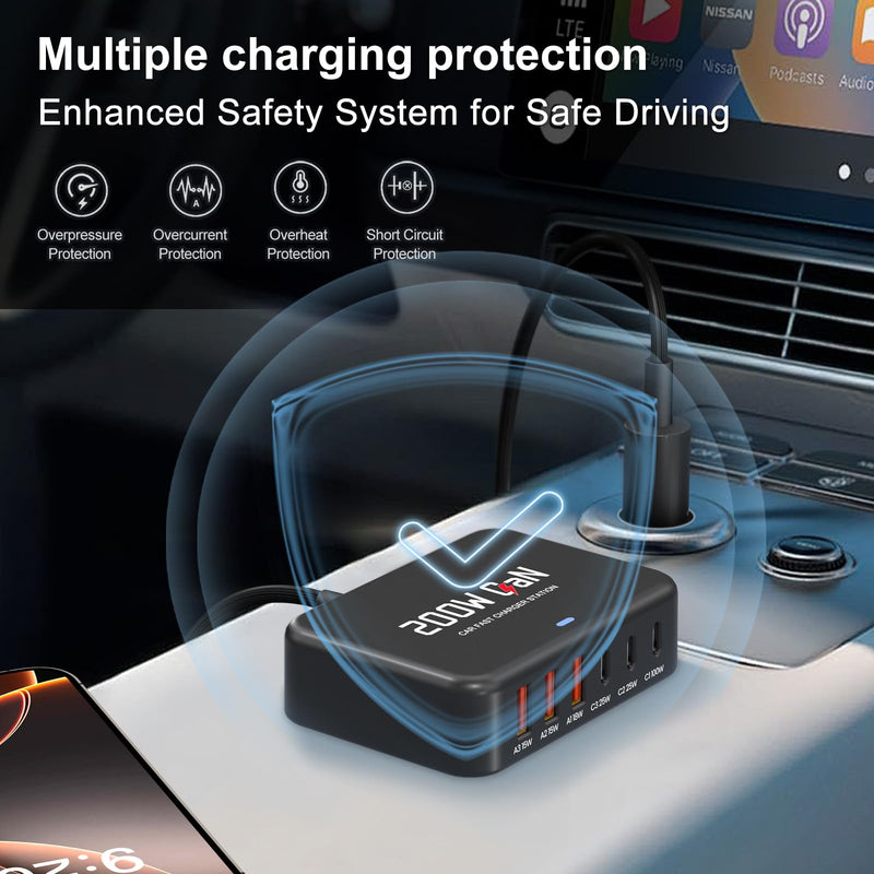 Multi Ports USB Laptop Car Charger, Fast Charge 200w PD3.0 Adapter Compatible with MacBook pro/Lenovo Thinkpad/Dell inspiron/Surface Pro/HP, Cell Phones Tablets and Other USB Devices