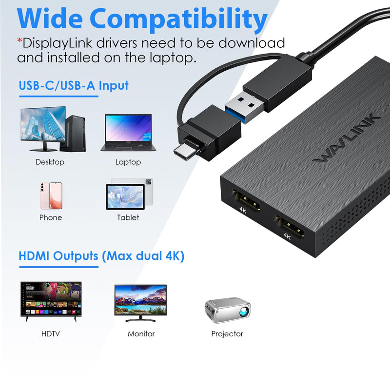 WAVLINK DisplayLink USB A/C to Dual HDMI Adapter 4K@60Hz for 2 Monitors | DisplayLink USB 3.0 & USB C to 2 HDMI Adapter for Dual Monitor, for Mac M1-M5/Neo, Windows, ChromeOS, Ubuntu