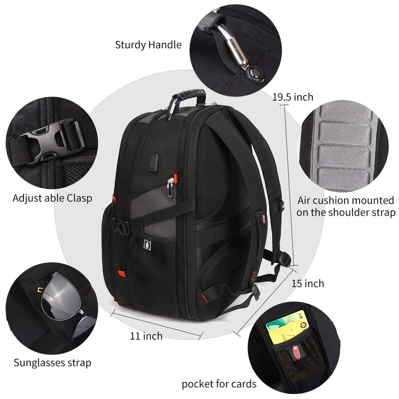 SHRRADOO Extra Large 52L Travel Laptop Backpack with USB Charging Port, College Backpack Airline Approved Business Work Bag Fits 17 Inch Computer for Men Women Grey Travel Backpacks