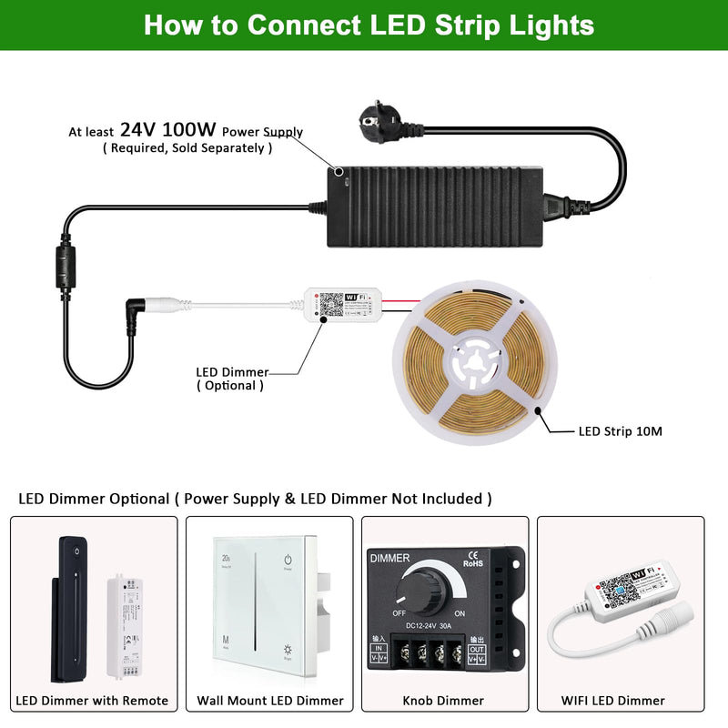 [AUSTRALIA] - JOYLIT 24V 32.8FT/10M COB LED Strip Lights 120° 2700K Warm White Indoor 384LEDs/M High Density 7650LM Super Bright CRI 90+ Dotless Adhesive LED Tape Light for Bedroom, Kitchen, Commercial 32.8FT DC 24V 384LEDs/M 