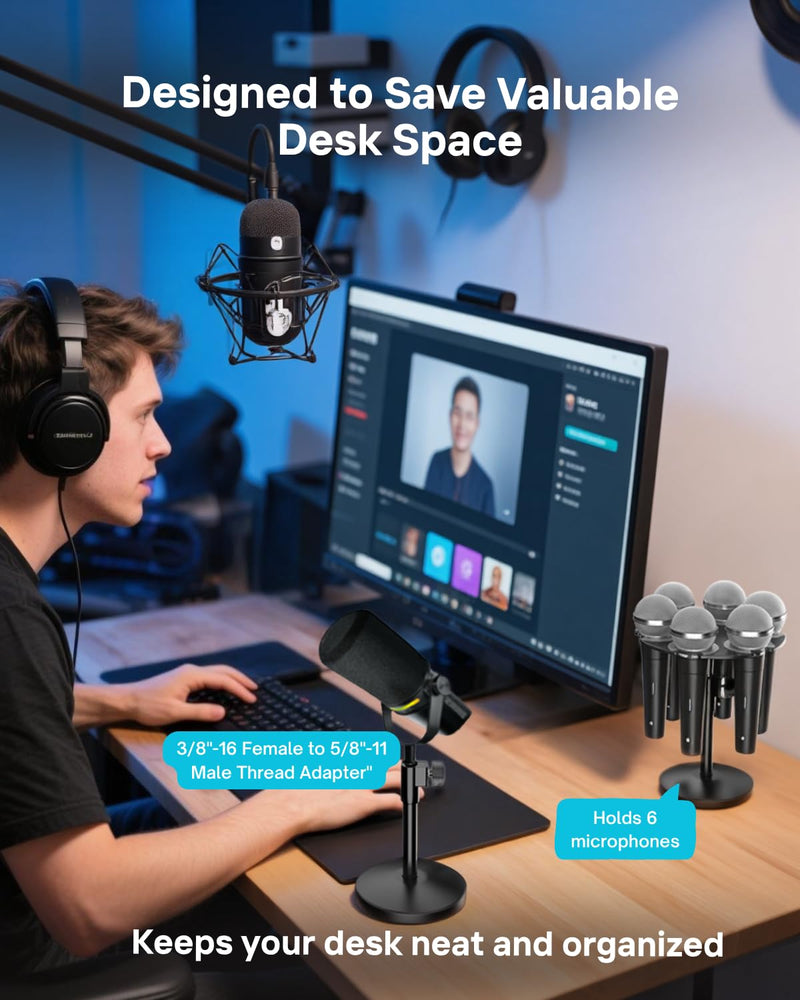 Desk Mic Stand with Multi Microphone Holder|Heavy Metal Base Anti-Tip Design|Adjustable Height Stand for Podcast&Studio|Holds 6 Mics|Clip & Mount Adapter for Shure SM57/SM58/SM7B,Blue Yeti,Fifine Mics