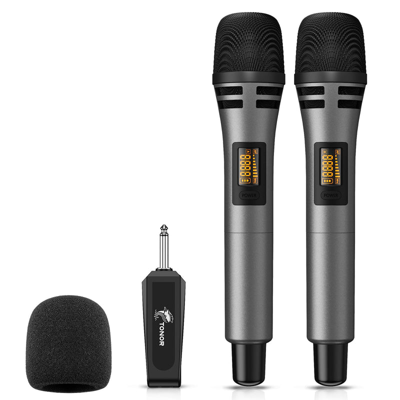 TONOR Wireless Microphones, Dual UHF Karaoke Microphone System, Microfonos Inalambricos with Rechargeable Receiver, Cordless Dynamic Mics Set for Singing, Wedding, Party, 60 m/200ft TW320, 2 Mics Grey