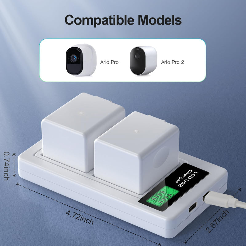2-Pack Batteries with LCD Dual Charger for Use with Arlo Pro, Arlo Pro 2 Cameras - 2440mAh 3.85V, Includes USB-C Cable, Overheat Protection, Indoor Outdoor Use A1