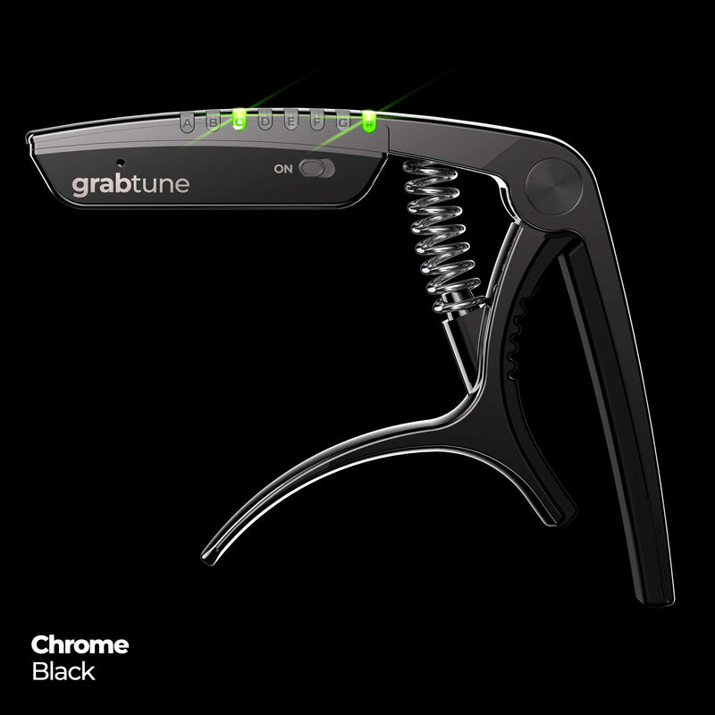 Grabtune Acoustic Guitar Capo-Tuner | 2 In 1 Equipment | Precise and Accurate Tuning System | Full Color LED Edge Lighting Display | USB Rechargeable Battery | Chrome Plating (Black) Black