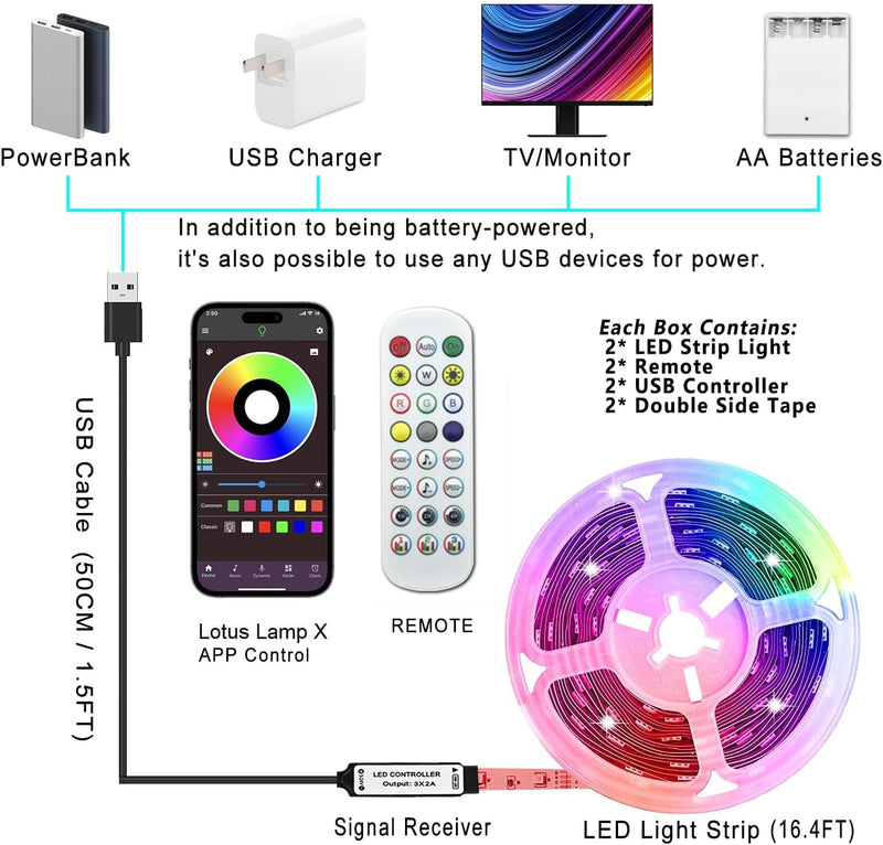 L8star Battery Powered Led Strip Lights, 2x16.4Ft (32.8Ft),Two Sets of Strip Light with 4 AA Battery Box/USB RGB LED Lights, Remote and APP Control 2x13Ft