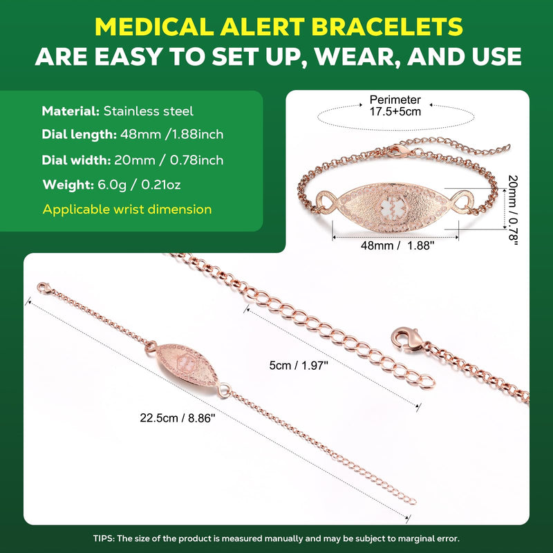 Upgraded Medical Bracelets Men Women with QR Code Medical Alert ID Bracelets - Titanium Steel Wristband Fits Wrists Up 8''-10'' - More Space Custom Emergency Med ID Info 7~8.85‘’ Cable Chain - Rose Gold