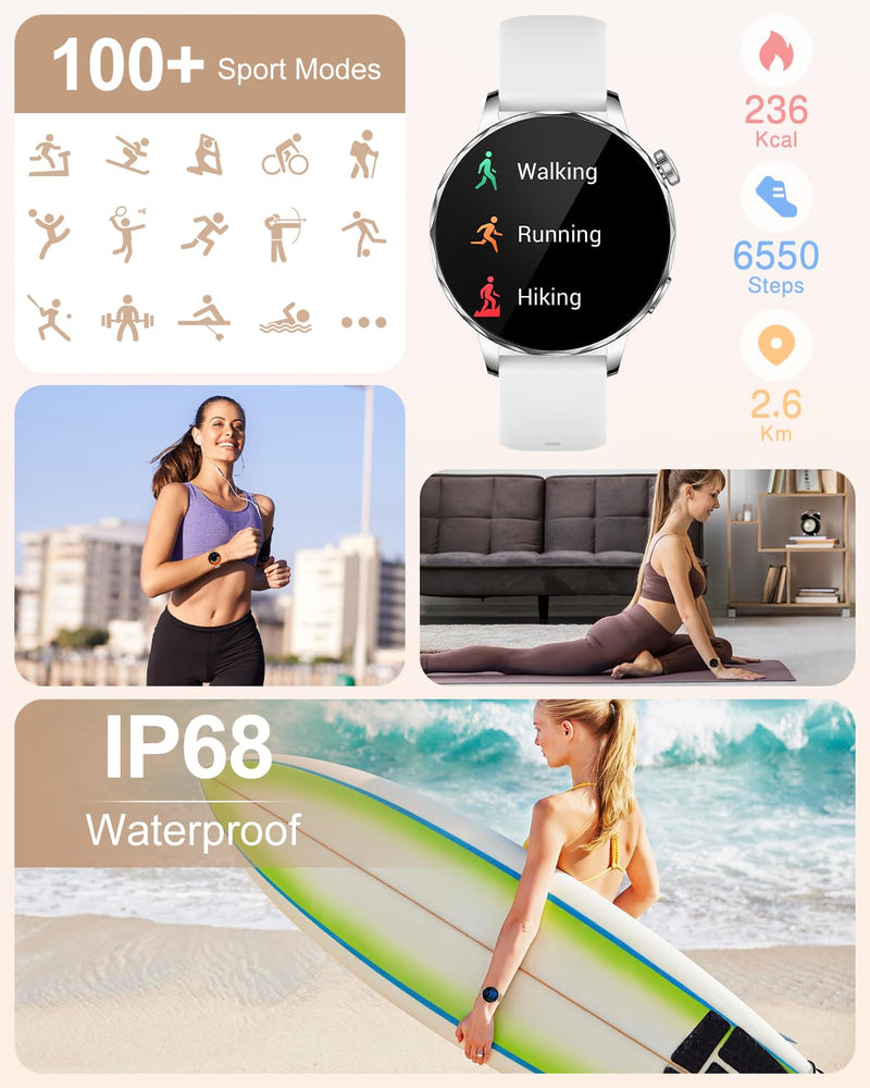 Smart Watch for Women with Bluetooth Calling, 1.27" AMOLED Touchscreen, IP68 Waterproof Fitness Tracker with Heart Rate & Sleep Monitor, 100+ Sports Modes for Android & iPhone (White)
