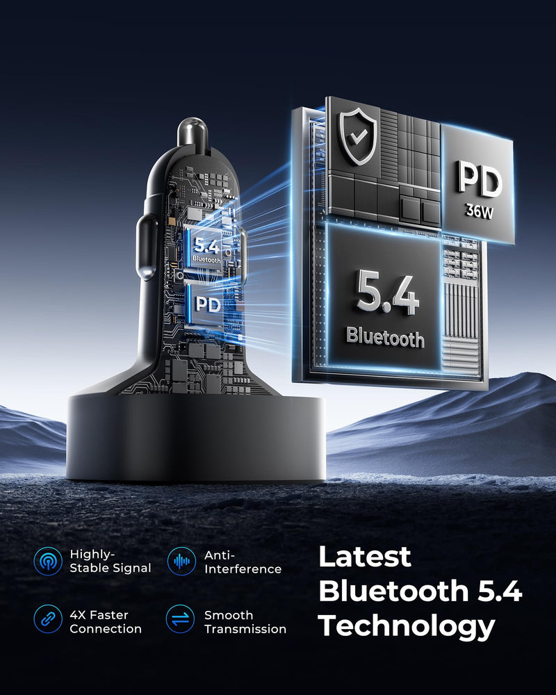 [AUSTRALIA] - LENCENT Bluetooth 5.4 Car Adapter FM Transmitter 54W Fast Charging, Dual Mics, HiFi Bass Sound, 2 Modes LED Backlit, Cigarette Lighter Adapter Hands-Free Calling Radio, Support USB Drive 