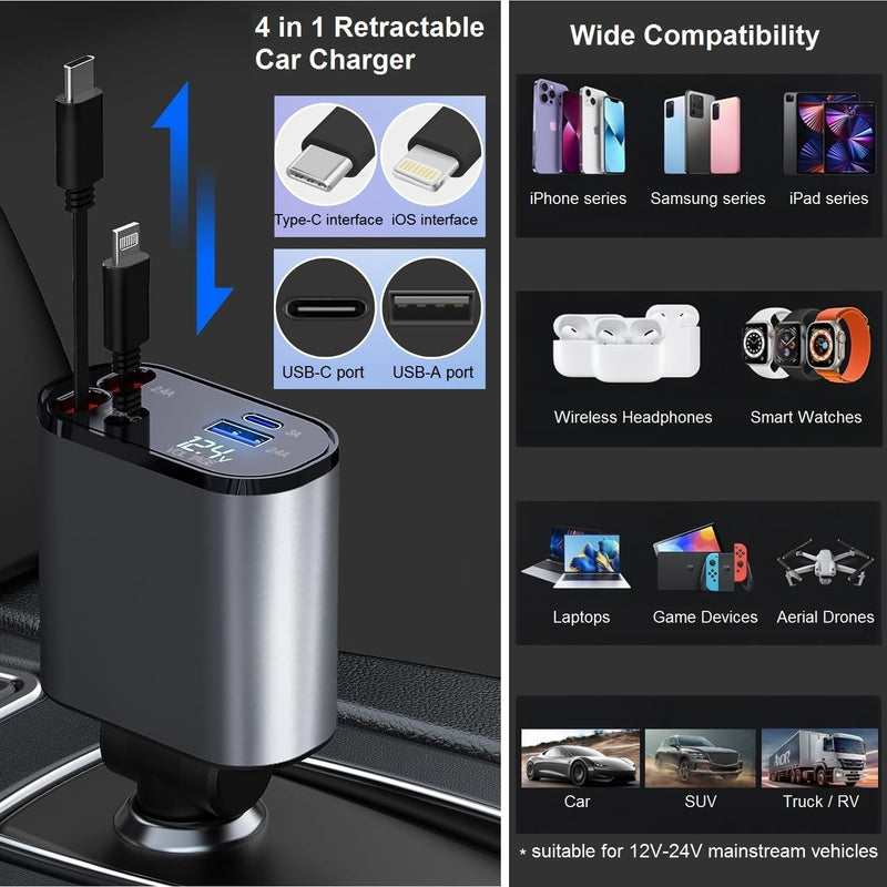 Retractable Car Charger - 4-in-1 Fast Car Phone Charger USB C and Lightning Cords 66W Cigarette Lighter Chargers Adapter for iPhone 15 14 13 12 Pro Max iPad Android Galaxy S24 S23 Pixel Tablet PT-16