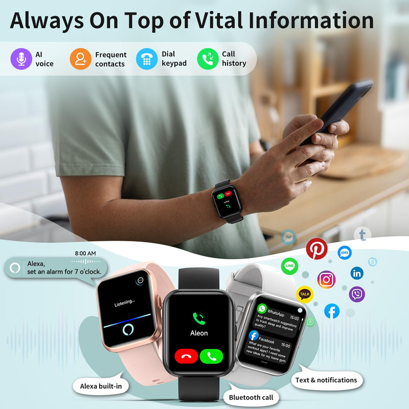 WNH Smart Watch for Men/Women Android & iPhone, 1.8" Touch Screen Fitness Tracker with Alexa, Call & Notification Alerts, Heart Rate/Sleep/SpO2 Monitor, Pedometer, IP68 Waterproof, 120+ Sport Modes Black