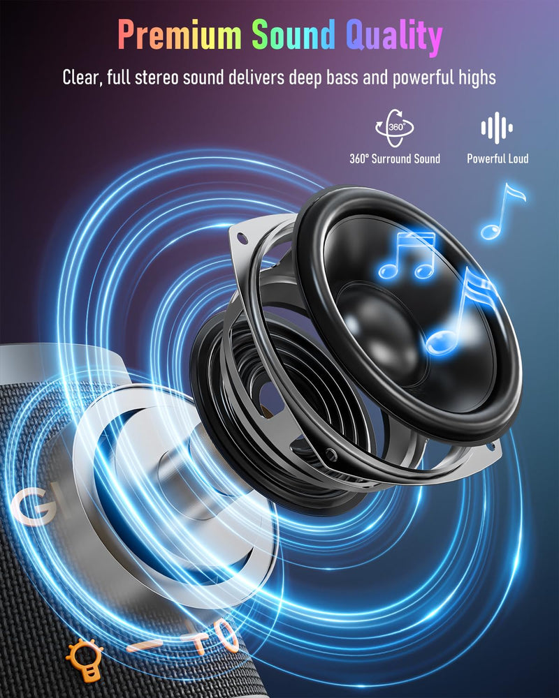 [AUSTRALIA] - Portable Bluetooth Speaker Wireless with 9 Color Lights, 20H Playtime, Stereo Pairing, Deep Bass, IPX6 Waterproof, Bluetooth 5.3, Small Speaker for Home, Party, Outdoor, Camping, Beach, Gift Black 