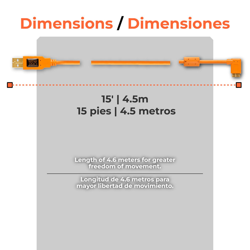 Tether Tools TetherPro USB 3.0 to Micro-B Right Angle Cable | for Fast Transfer and Connection Between Camera and Computer | High Visibility Orange | 15 Feet (4.6 m)