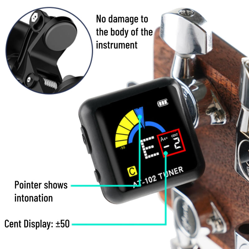 Guitar Tuner Clip On Violin Tuner USB Rechargeable with Color Display for Acoustic Electric Guitar Bass Ukulele Viola All Instruments(AT-102 Black) AT-102 Black