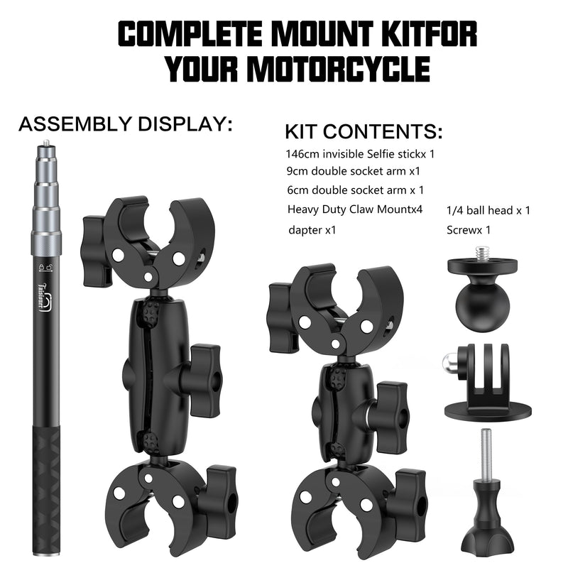 Motorcycle Bike Handlebar Double clamp Mount with 59" Invisible Selfie for insta360 X4/X3/X2/XONE/GO2/3(locking anti-fall version)