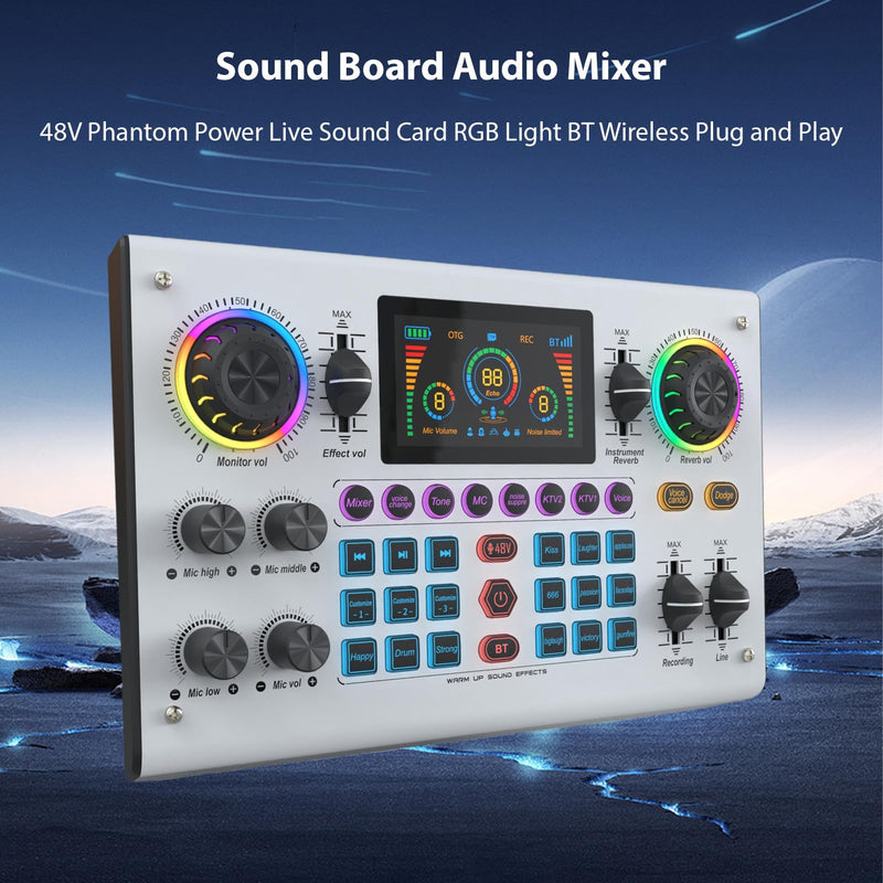 [AUSTRALIA] - Sound Board Audio Mixer 48V Phantom Power Live Sound Card RGB Light BT Wireless Plug and Play for Live Streaming Podcasting Recording Content Create Gaming Rechargeable 