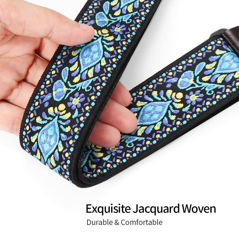 Ukulele Strap No Drill, Adjustable Double J Hook Clip on Uke Shoulder Strap, Hawaiian Jacquard Blue Flower Hands Free Ukelele Strap, Easy to Use and Fit Most Standard Uke Sizes Jacquard Blue Flowers